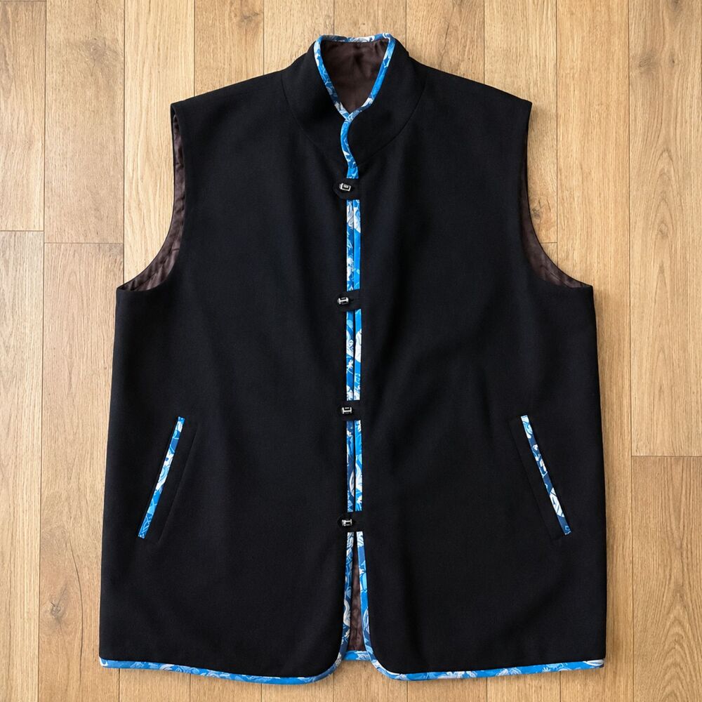 Vintage Black Mandarin Collar Vest Frog Closure Brocade Lined Blue Trim